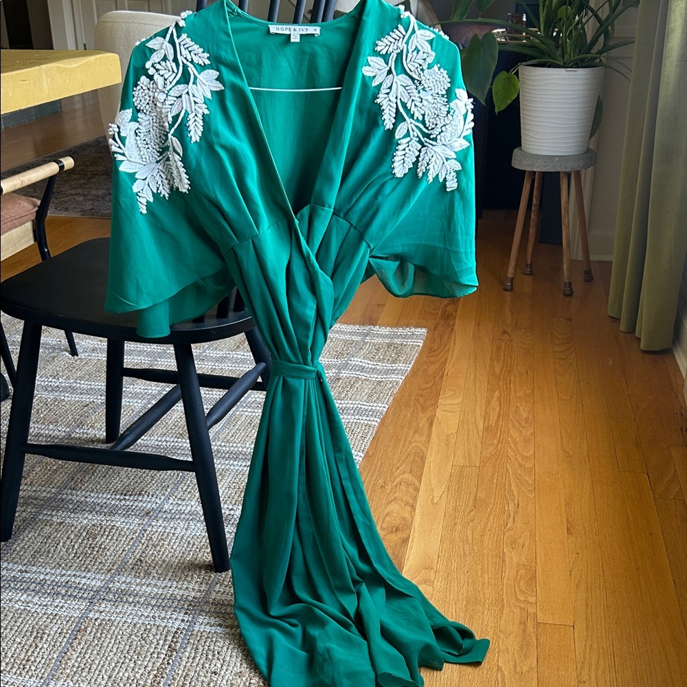 Green maternity dress with White Floral Embroidery